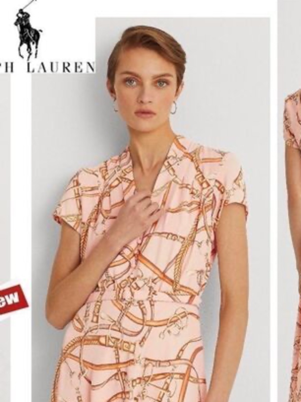 LAUREN Ralph Lauren pink tan motif-print belted crepe midi dress Sz 10 NWT